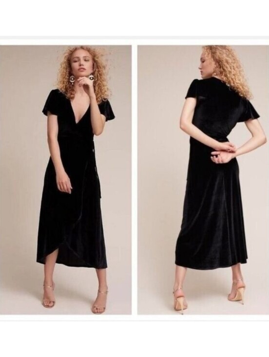 BHLDN Dresses & Skirts - BHLDN Thrive Black Velvet Wrap Midi Dress Size Large